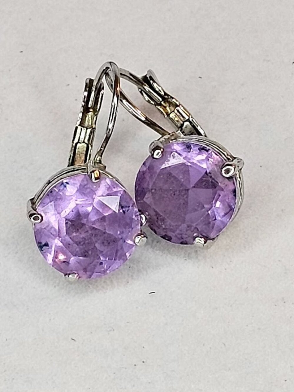 Vintage Estate Purple Faceted Glass Leverback Earrings Silver Tone